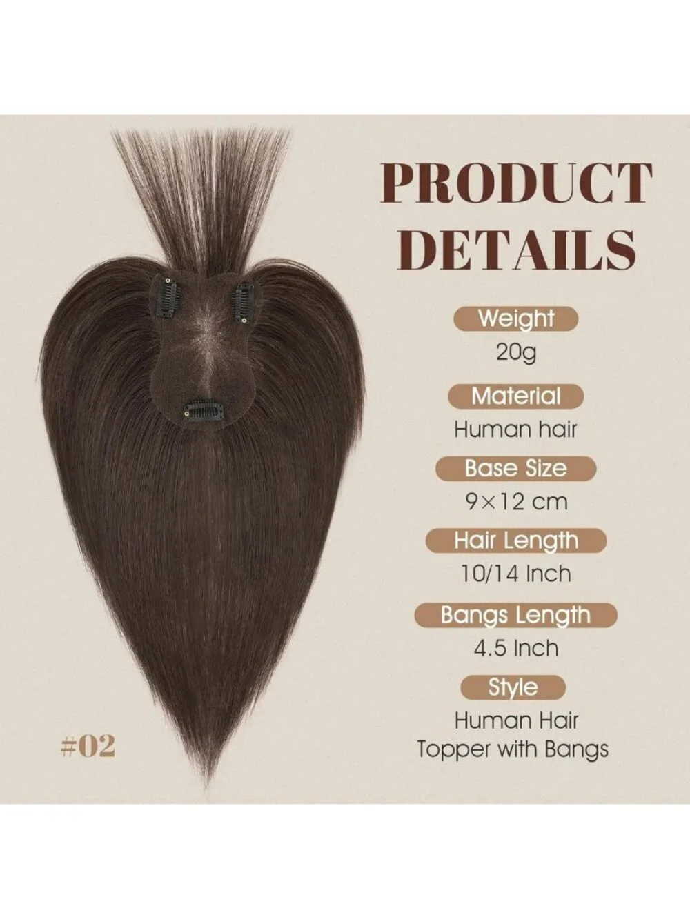 360° 3D Human Hair Topper for Thinning Hair - Ultra Thin Clip-In Bangs, 12 Inch